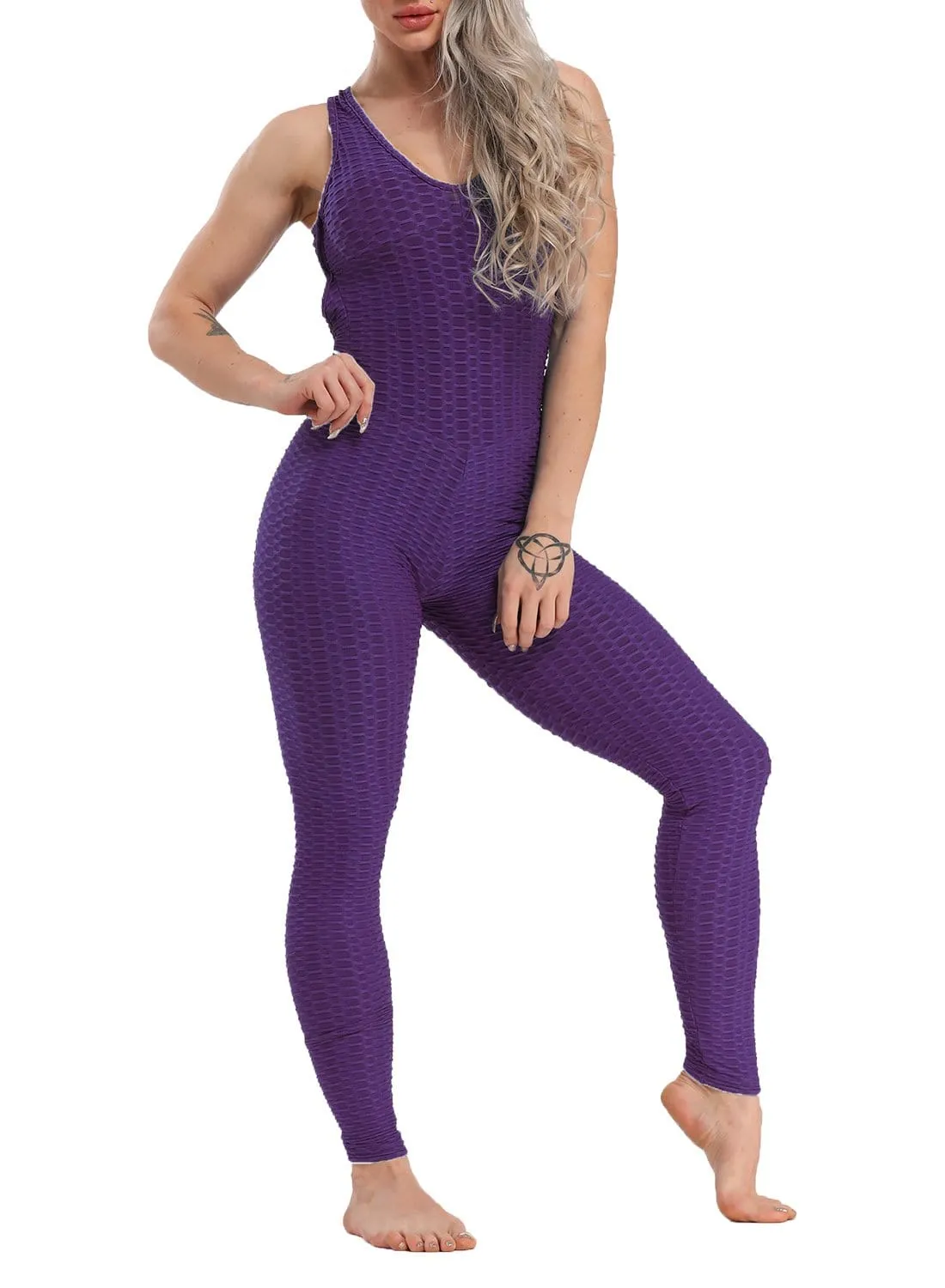 Textured Solid Color Backless Workout Yoga Jumpsuits