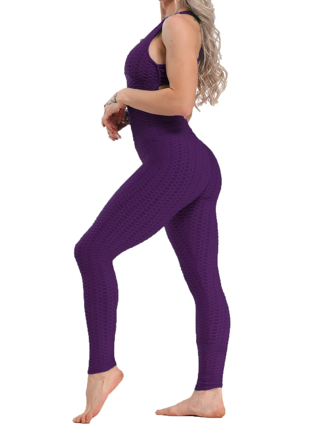 Textured Solid Color Backless Workout Yoga Jumpsuits