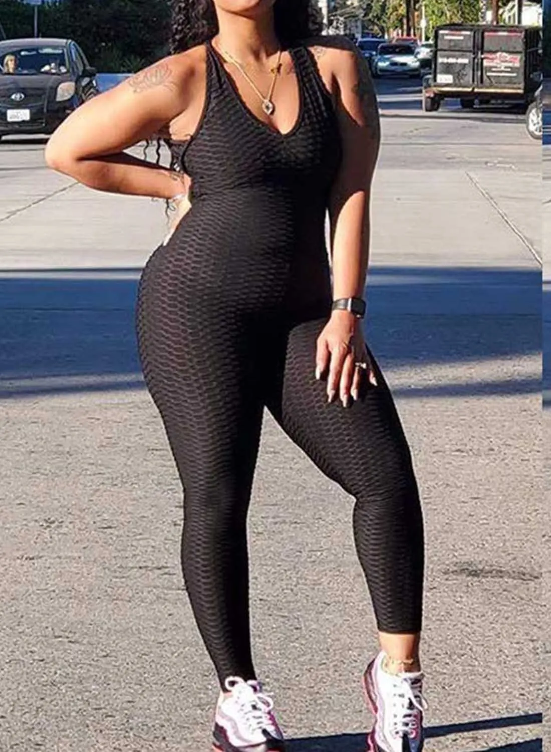Textured Solid Color Backless Workout Yoga Jumpsuits