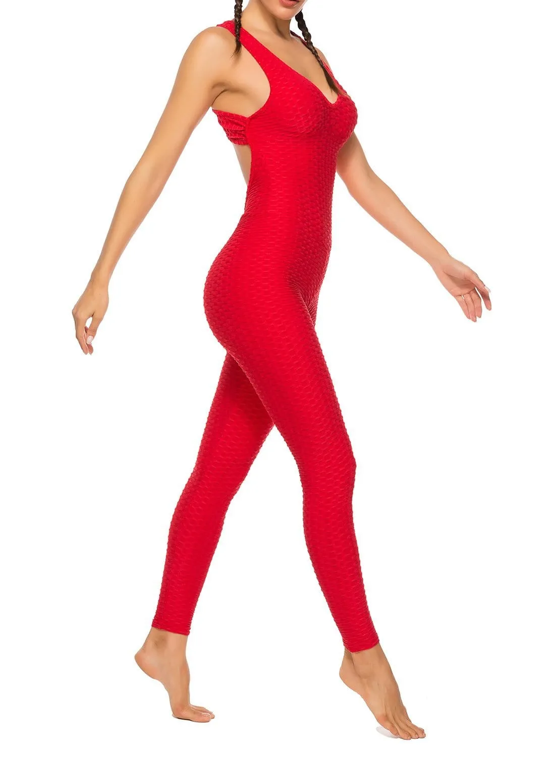 Textured Solid Color Backless Workout Yoga Jumpsuits
