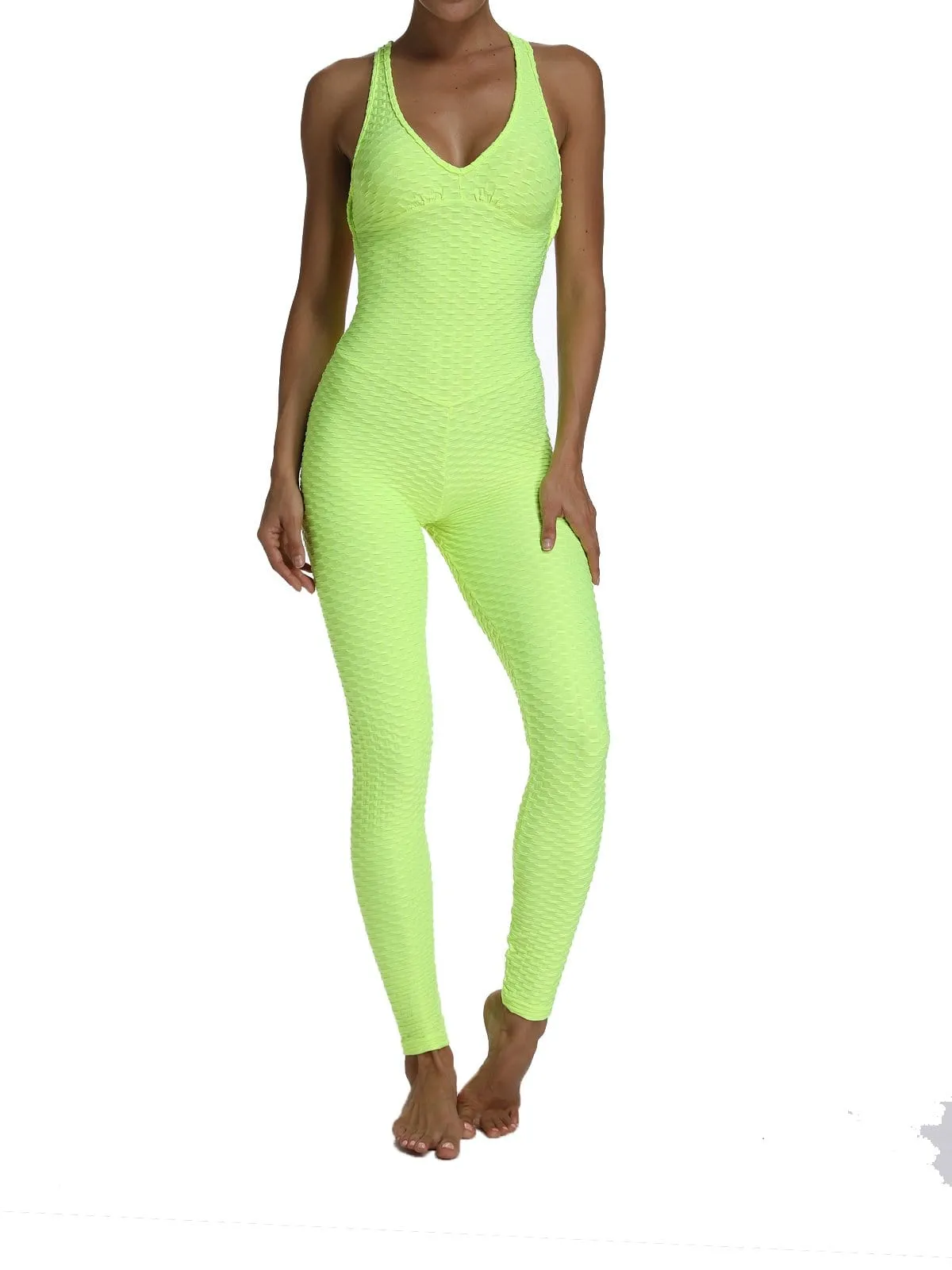 Textured Solid Color Backless Workout Yoga Jumpsuits