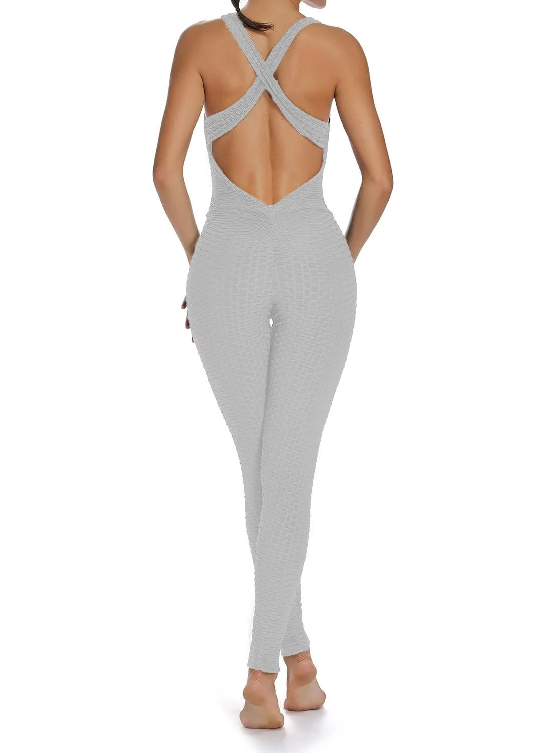 Textured Solid Color Backless Workout Yoga Jumpsuits