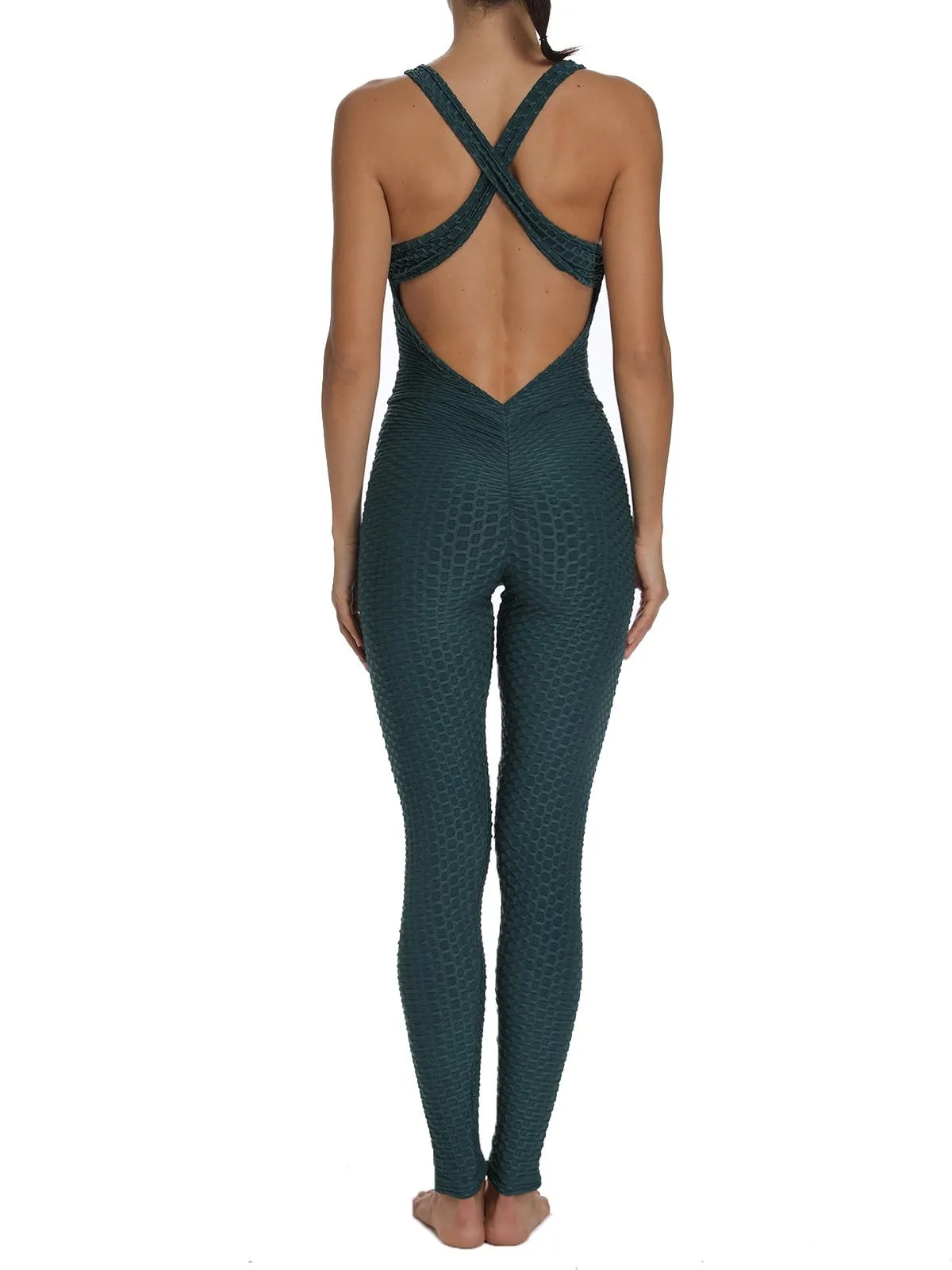 Textured Solid Color Backless Workout Yoga Jumpsuits