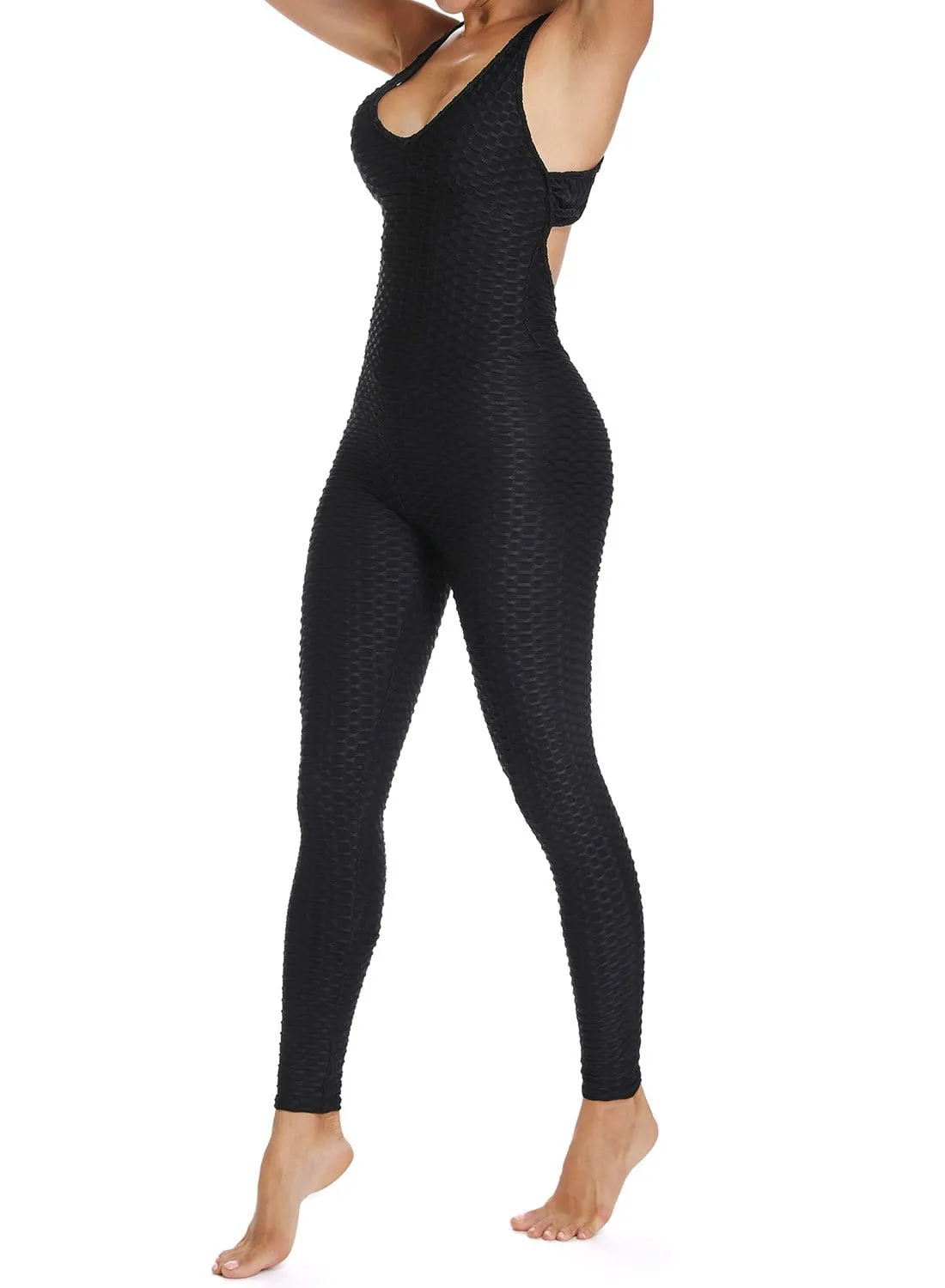 Textured Solid Color Backless Workout Yoga Jumpsuits