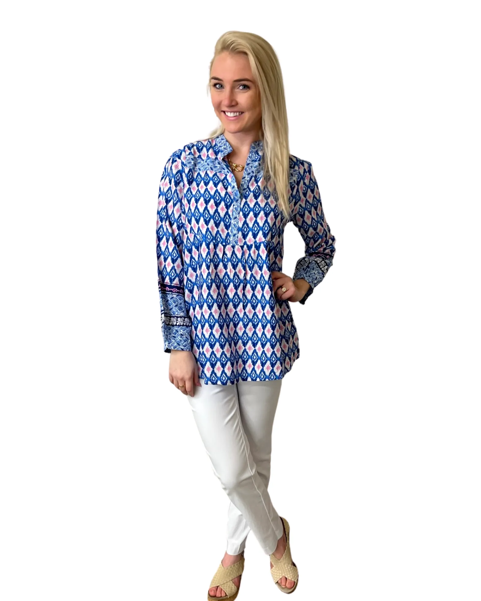 The Finley Blue Pink Border Print Tunic