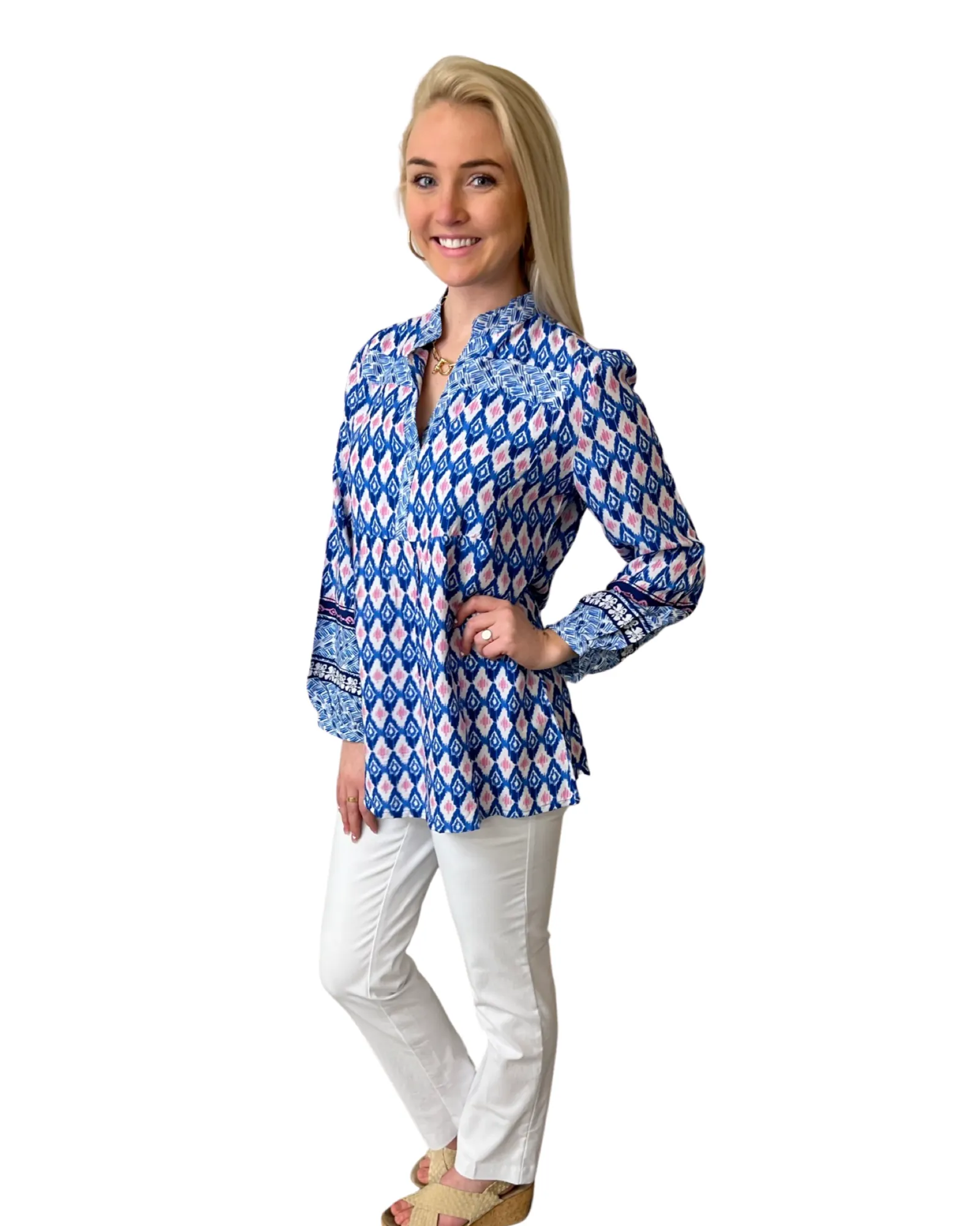 The Finley Blue Pink Border Print Tunic