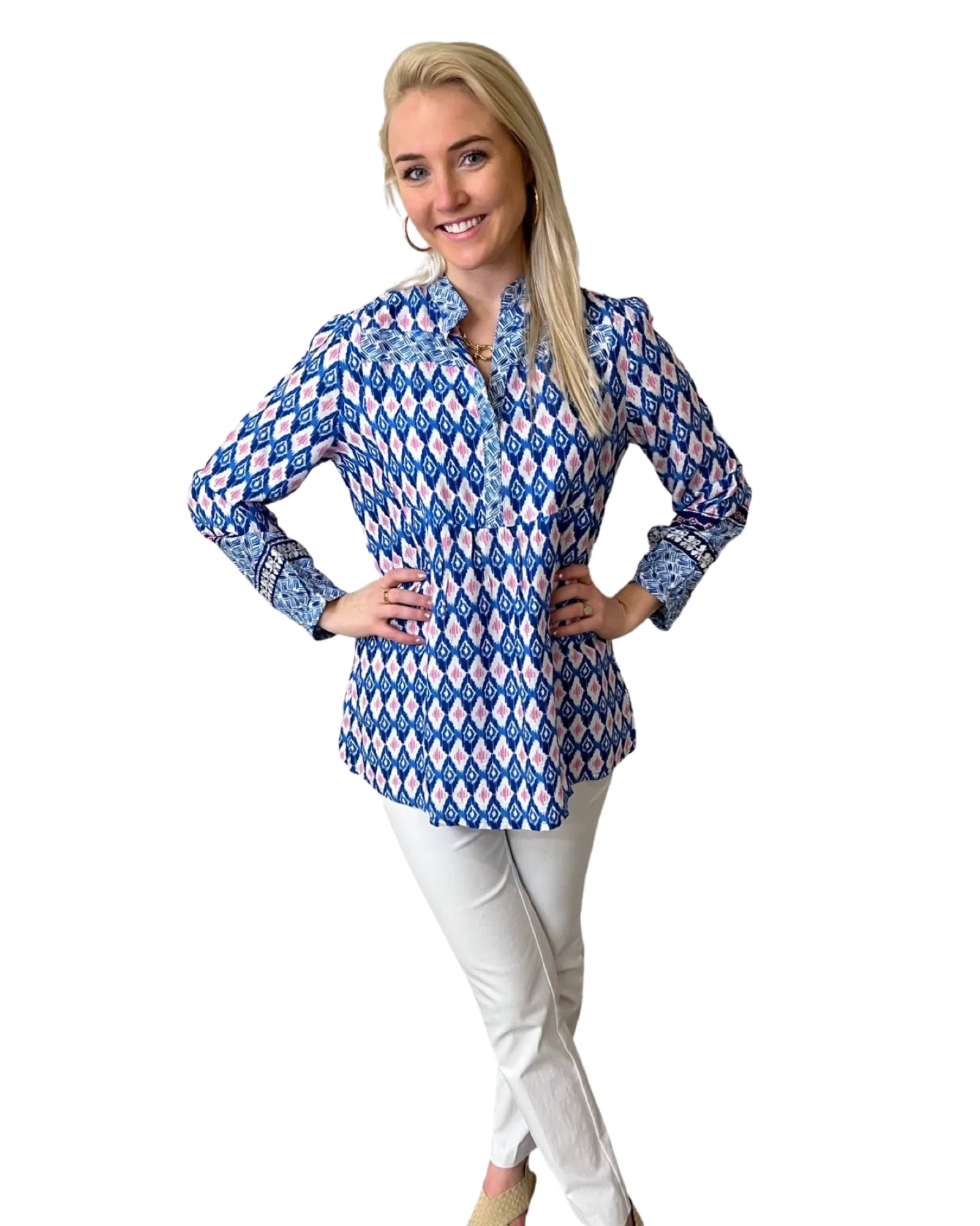 The Finley Blue Pink Border Print Tunic