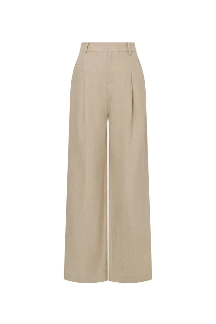 Troy Front Pleated Wide Leg Suit Pants in in Dew Retted French Linen