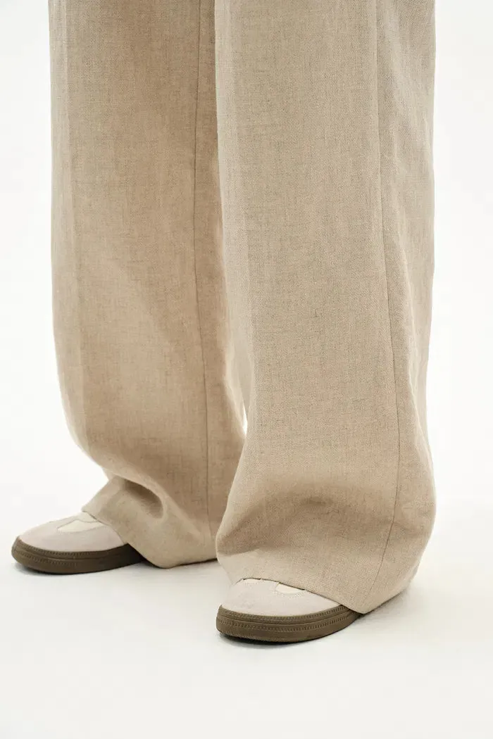 Troy Front Pleated Wide Leg Suit Pants in in Dew Retted French Linen