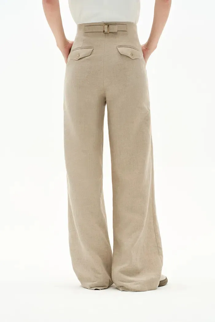 Troy Front Pleated Wide Leg Suit Pants in in Dew Retted French Linen