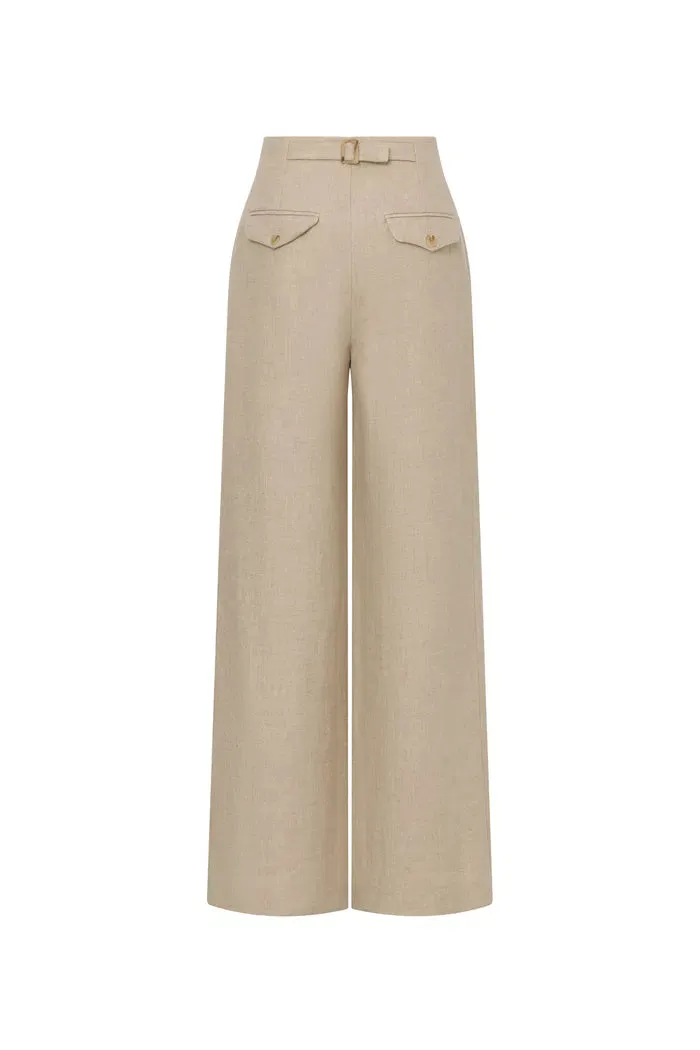Troy Front Pleated Wide Leg Suit Pants in in Dew Retted French Linen