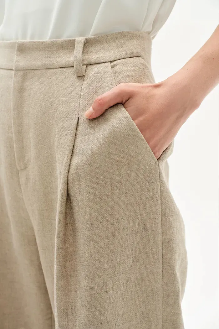 Troy Front Pleated Wide Leg Suit Pants in in Dew Retted French Linen