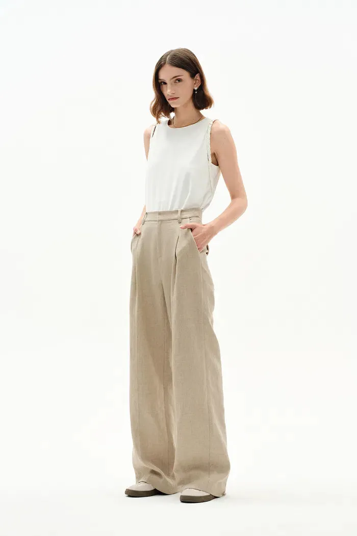 Troy Front Pleated Wide Leg Suit Pants in in Dew Retted French Linen