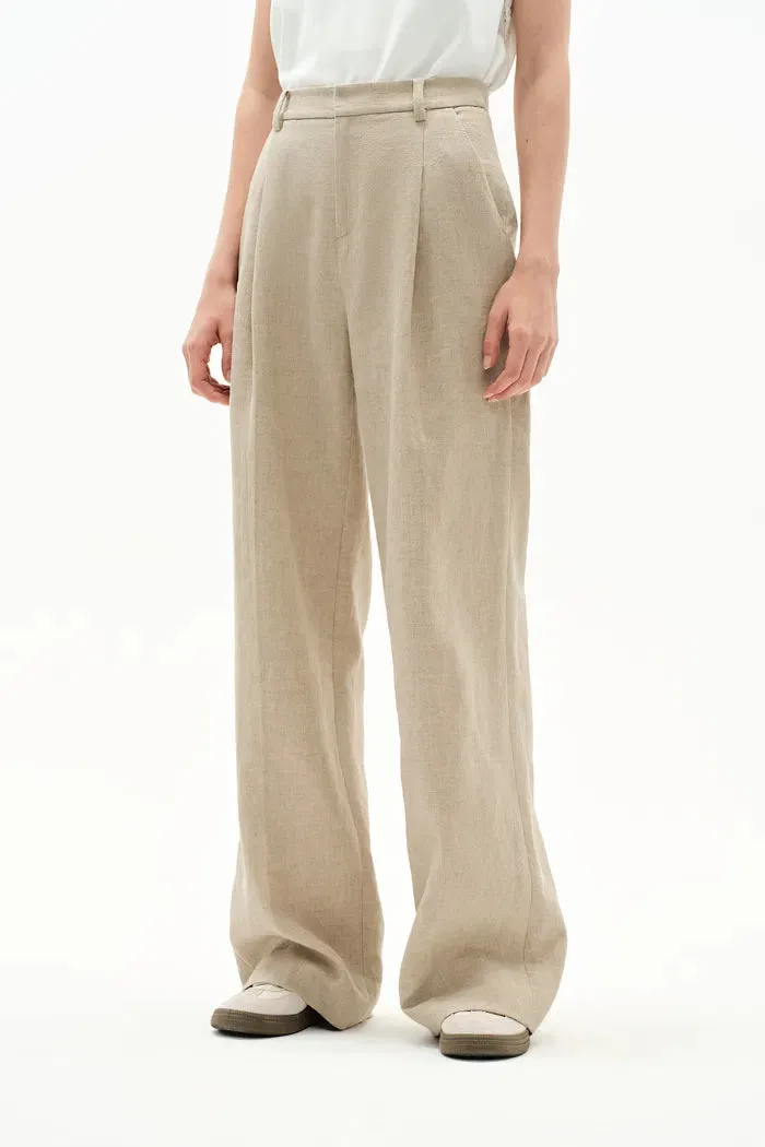 Troy Front Pleated Wide Leg Suit Pants in in Dew Retted French Linen