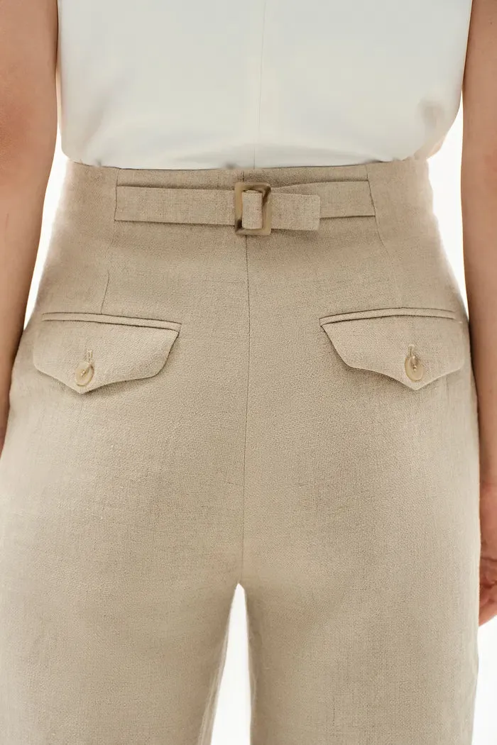 Troy Front Pleated Wide Leg Suit Pants in in Dew Retted French Linen