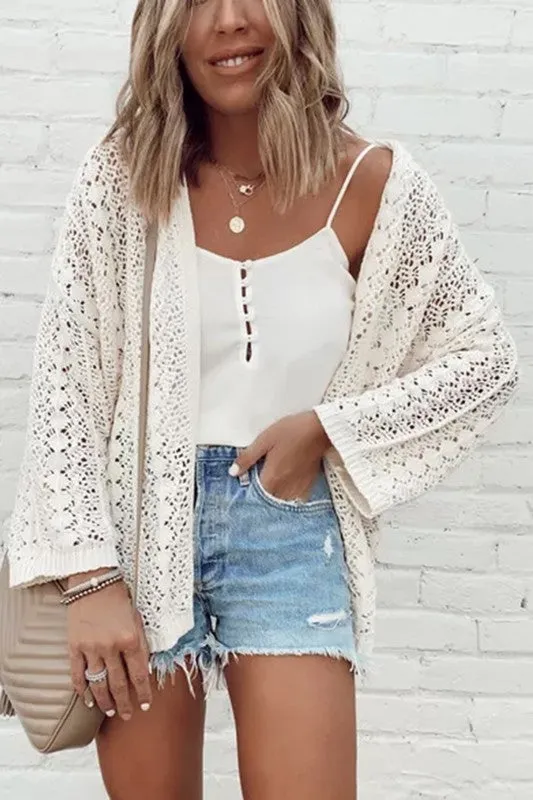 White Crochet Knit Drop Shoulder Cardigan