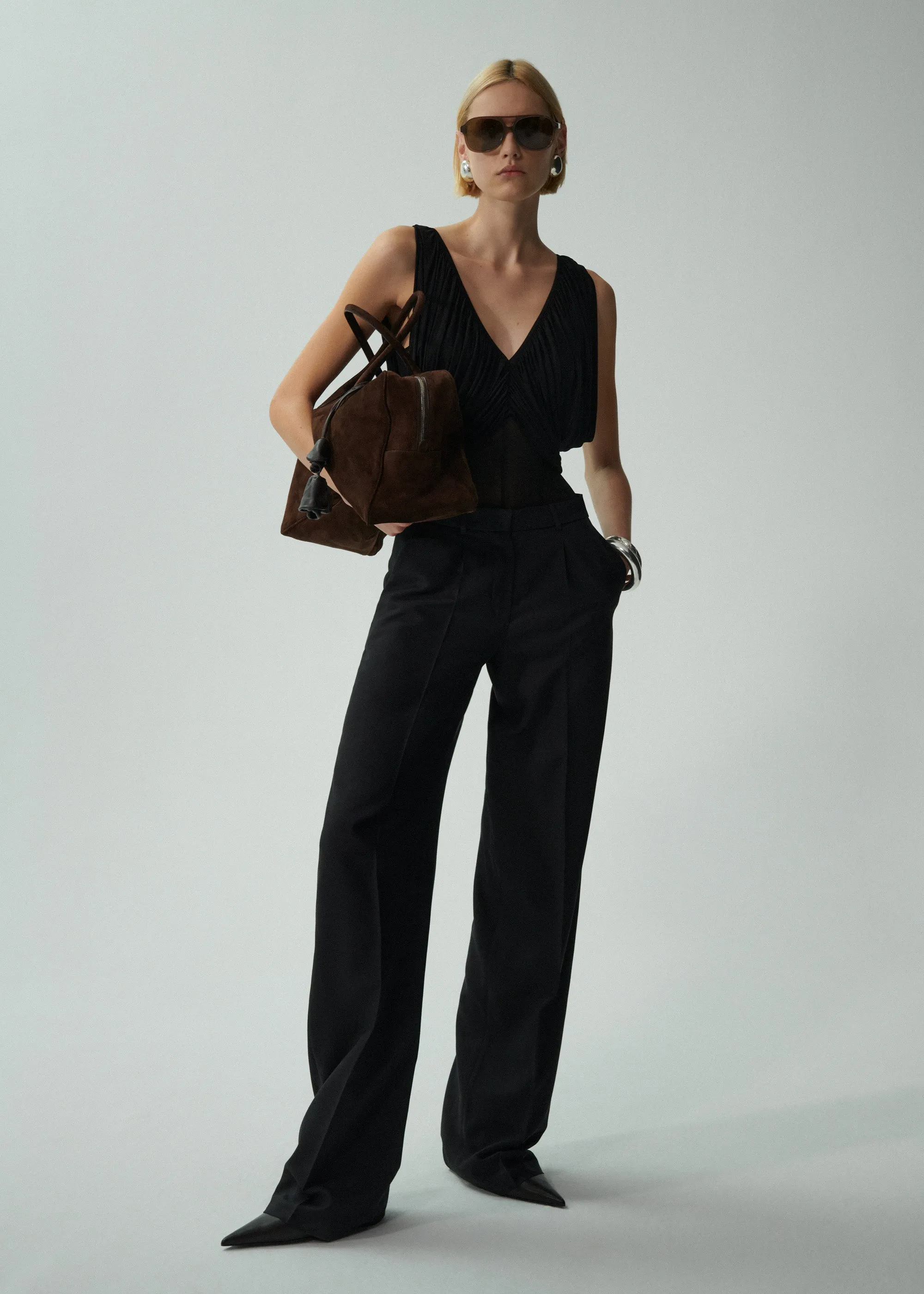 Wide leg tailored silk pants in black