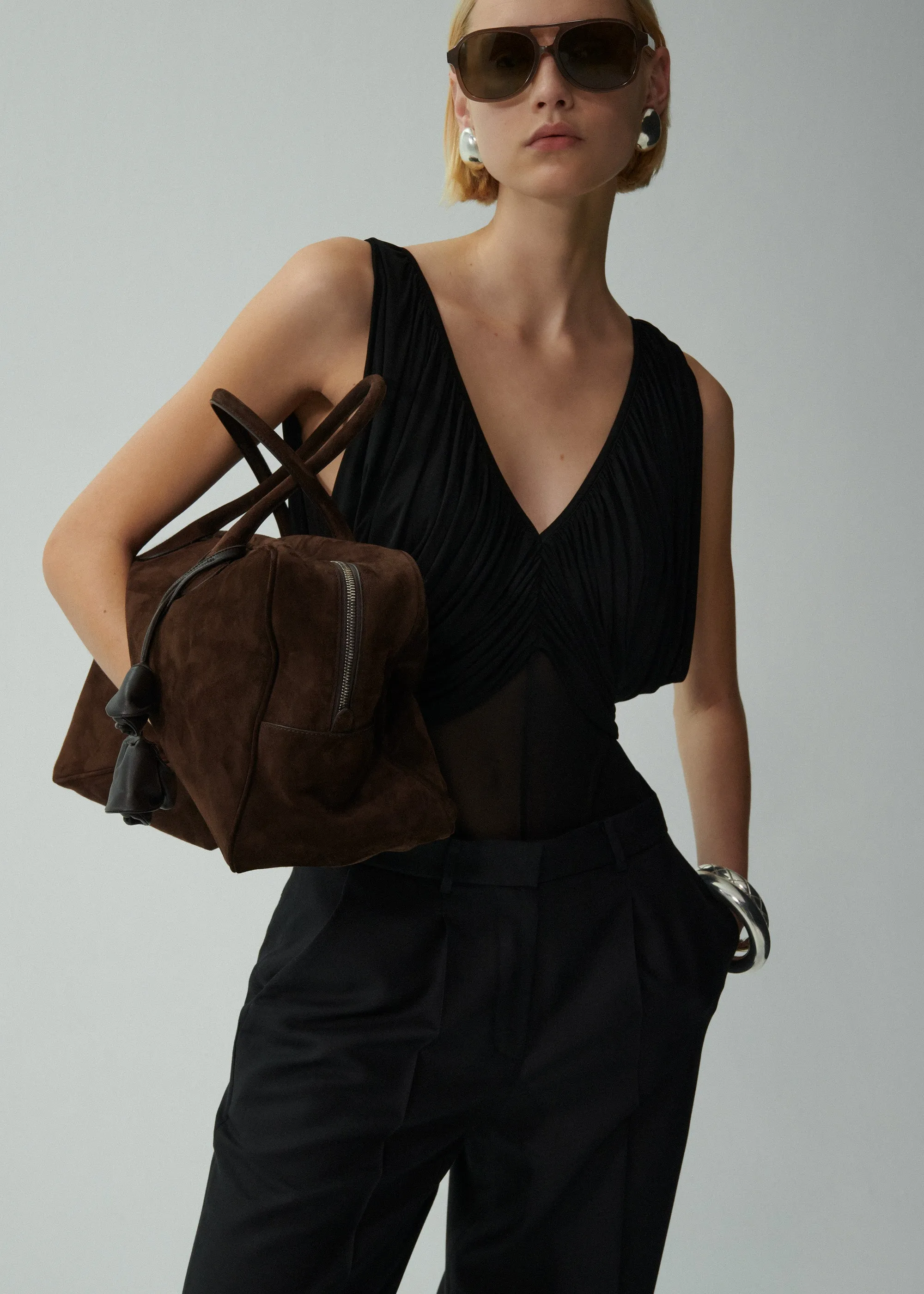 Wide leg tailored silk pants in black