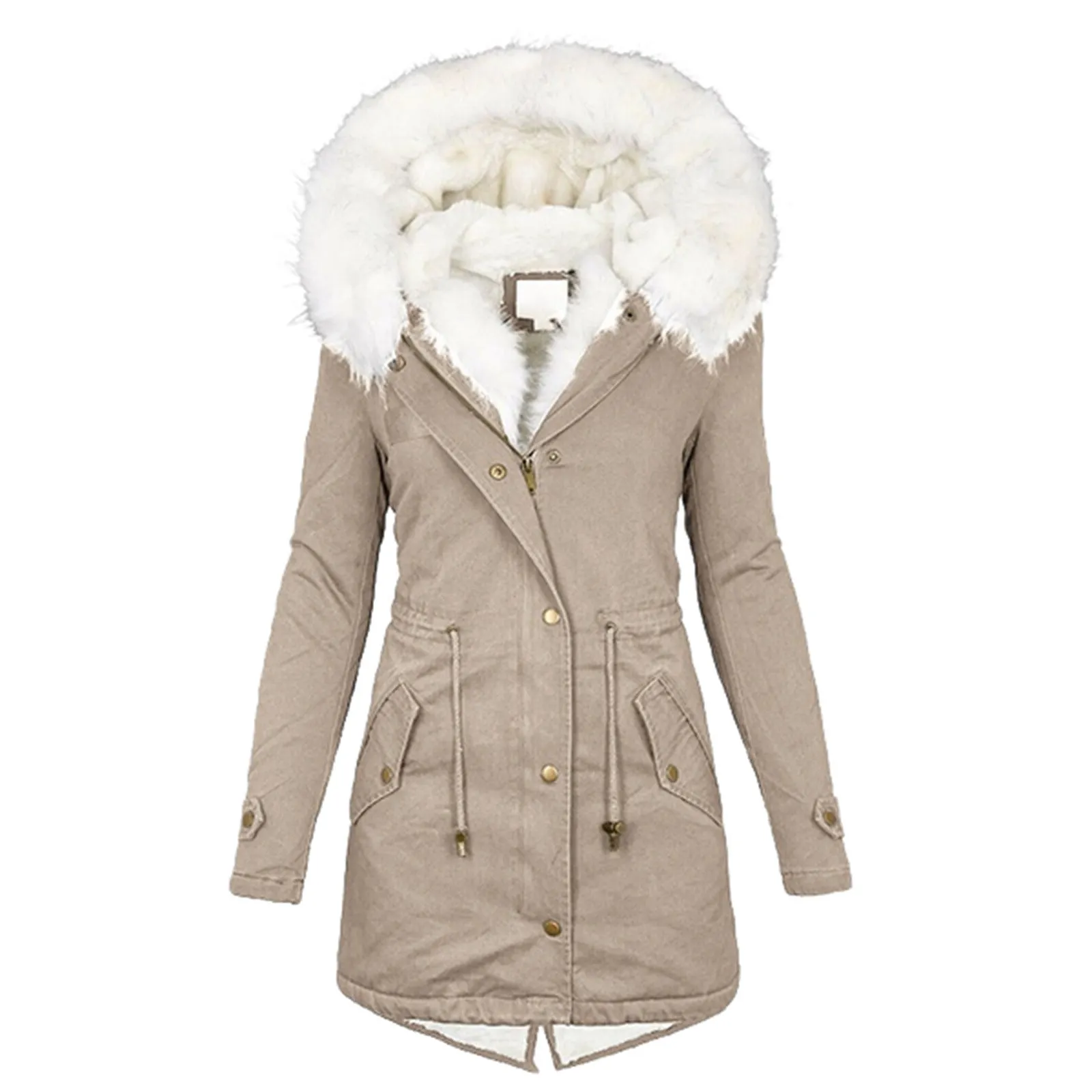 Women's Mid-length White Fur Collar Hood Warm Coats