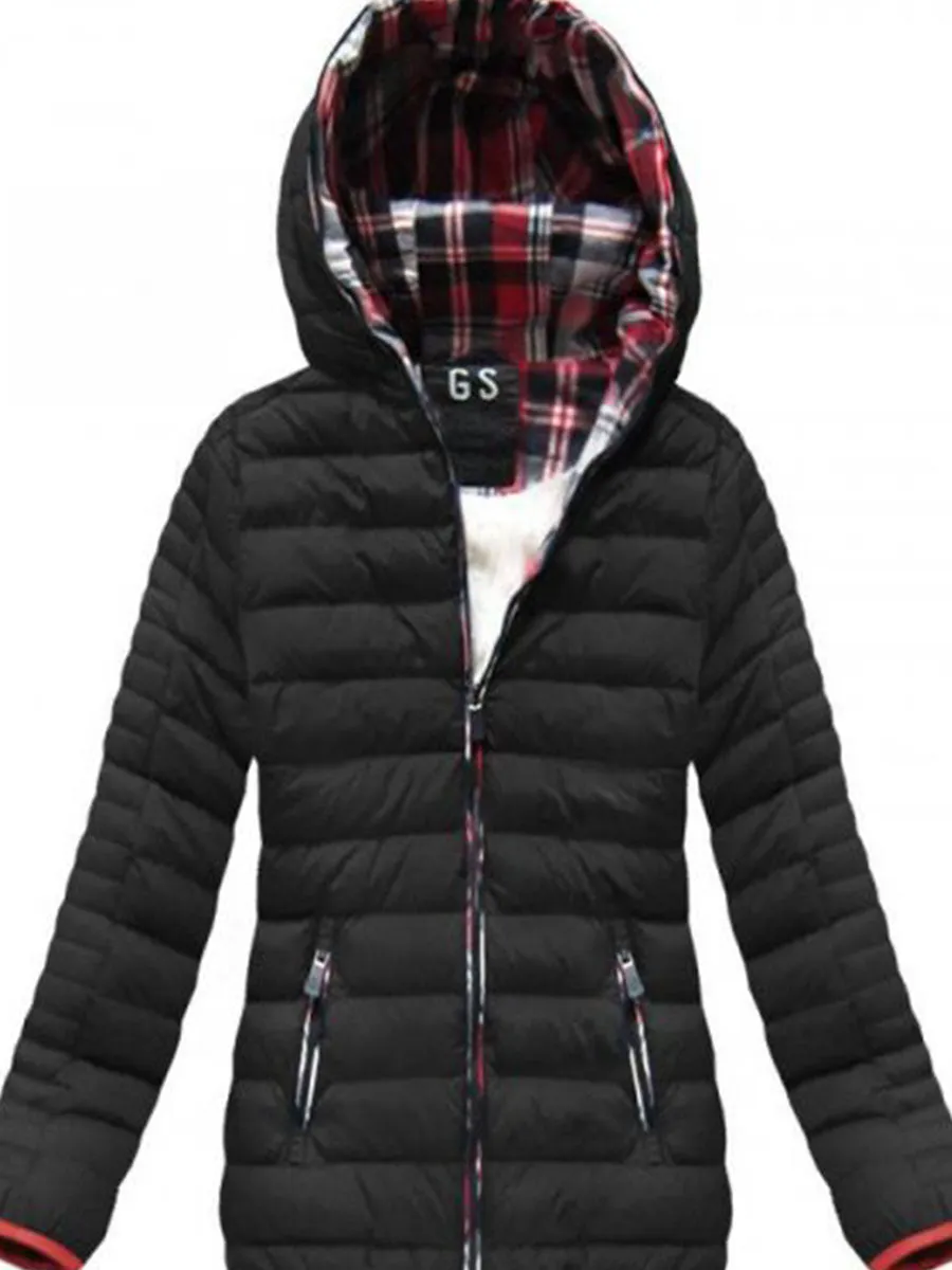 Women'S Warm Solid Color Pocket Zipper Hooded Cotton Jacket