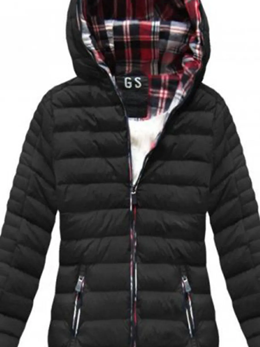 Women'S Warm Solid Color Pocket Zipper Hooded Cotton Jacket